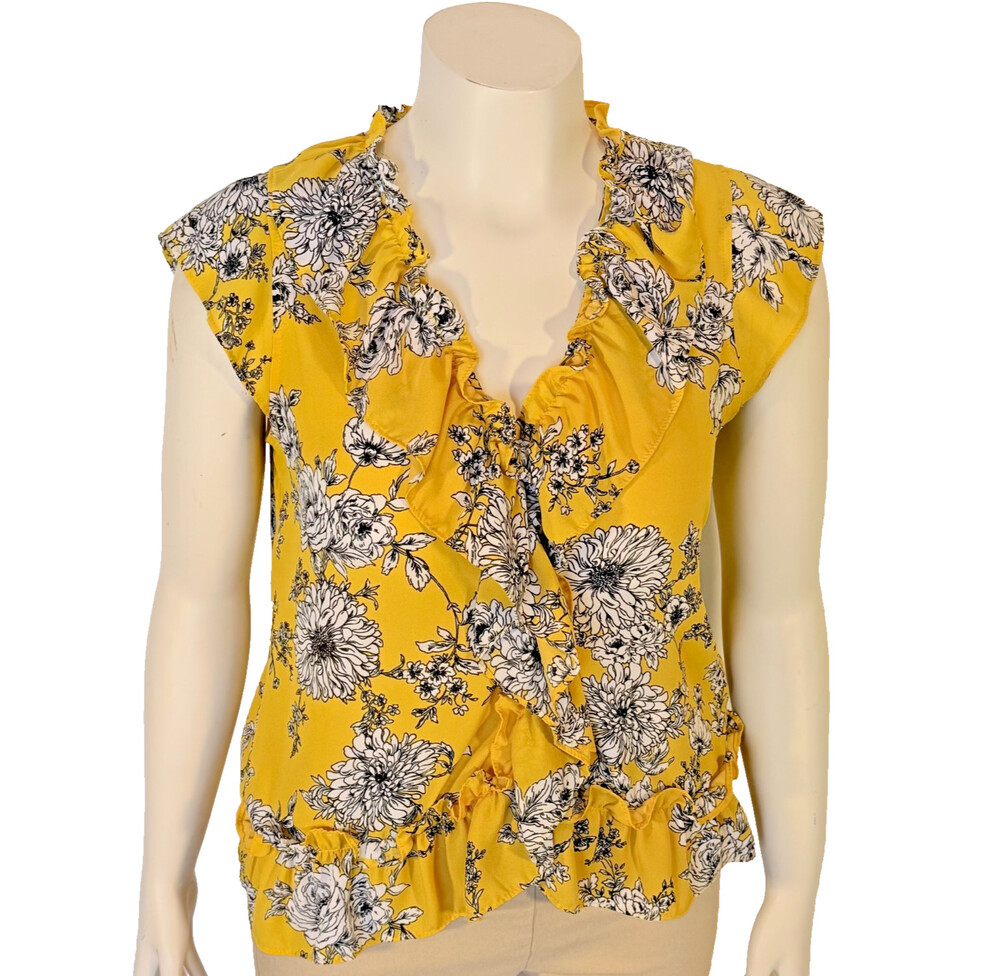 Counterparts Blouse Women's M Yellow Floral Cap Sleeve Ruffle Front V-Neck